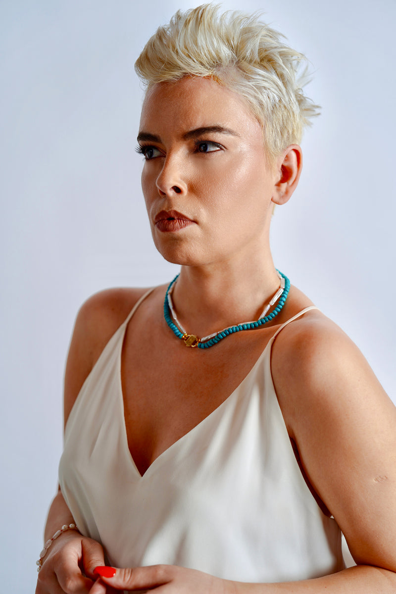 Modular fine jewelry set by House of Sól — Bébé Duo pearl and turquoise rows worn together