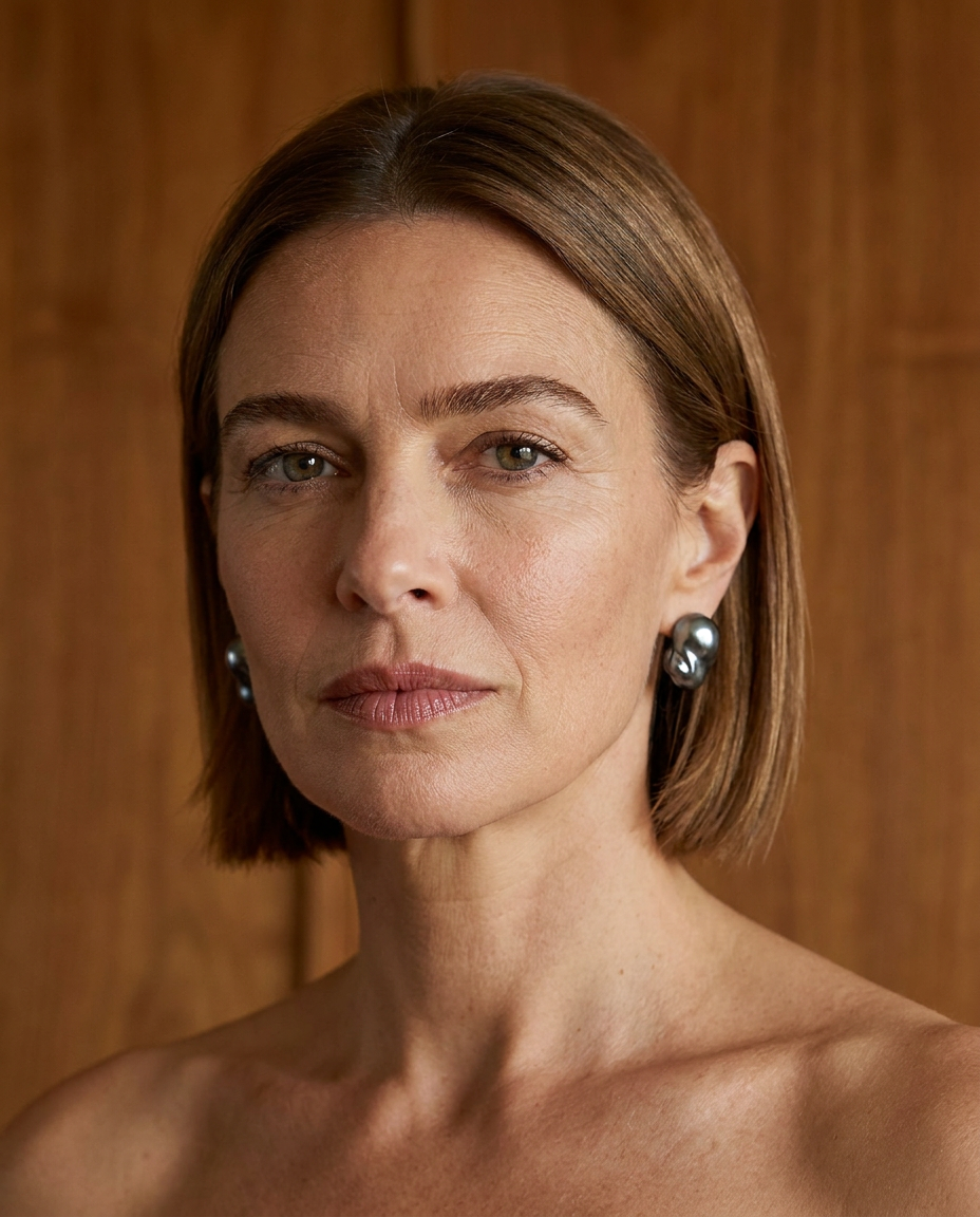 Model with a straight bob wearing both Perle Noire peacock baroque pearl earrings against wood paneling