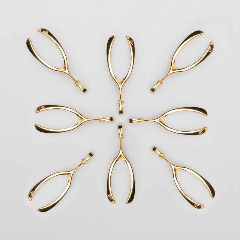 Eight Wishbone charms in yellow gold-filled sterling silver arranged in a circle, flat lay