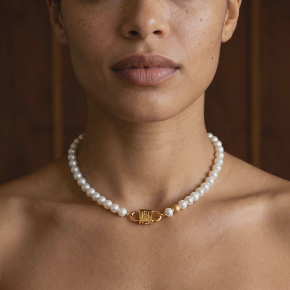 House of Sól Auriluna pearl necklace worn with the Mini HoS Lock™.